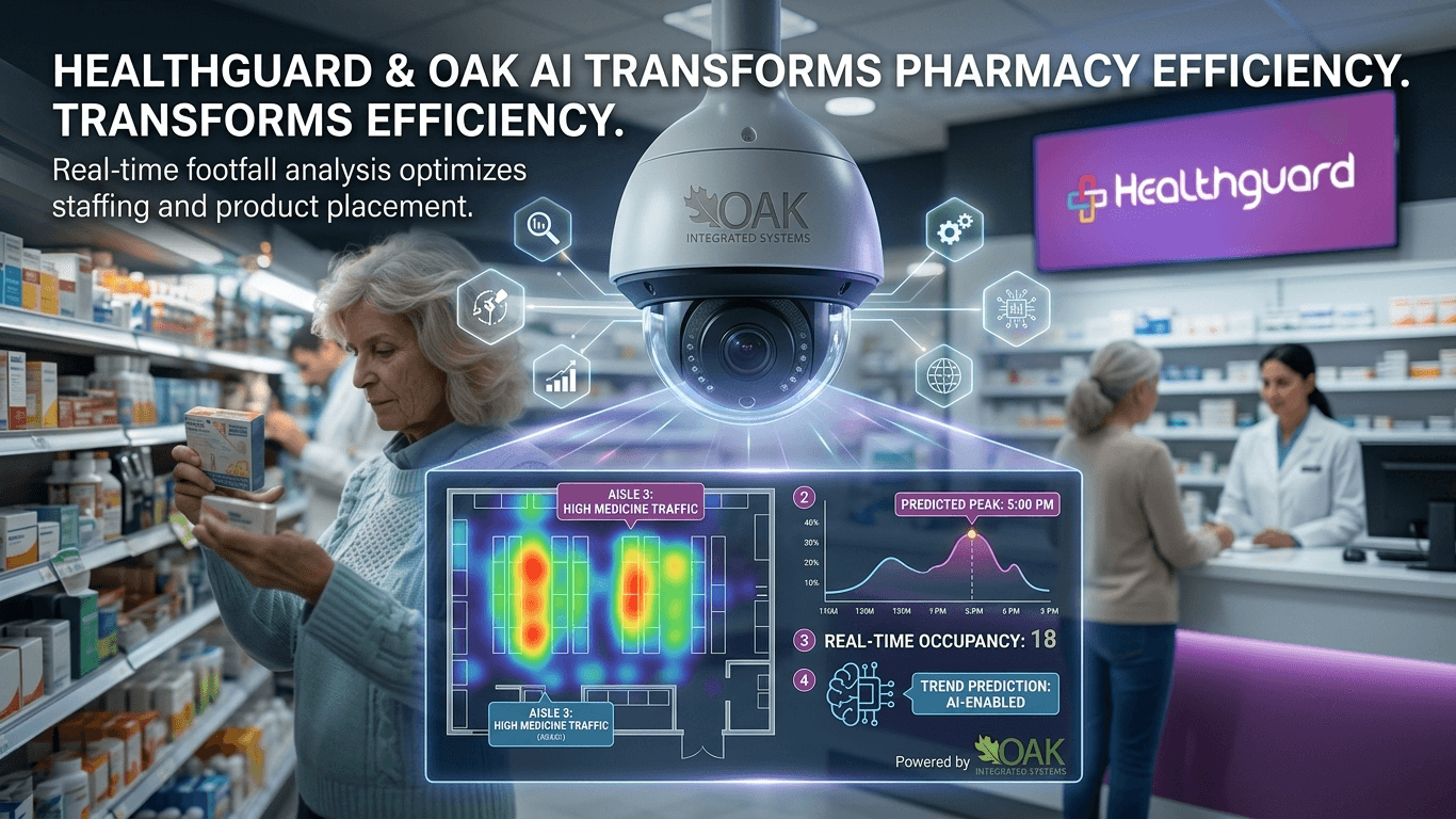 Data analysis dashboard beside a shopper browsing pharmacy shelves