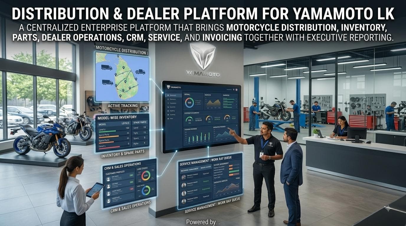 Yamamoto LK staff reviewing the dealer platform dashboard on a showroom display